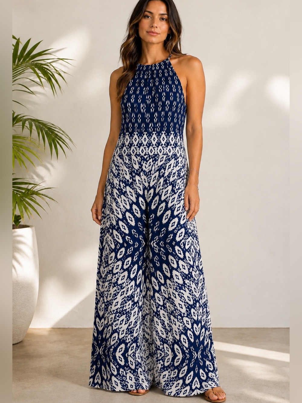 London Style Navy & White Halter Printed Maxi Dress